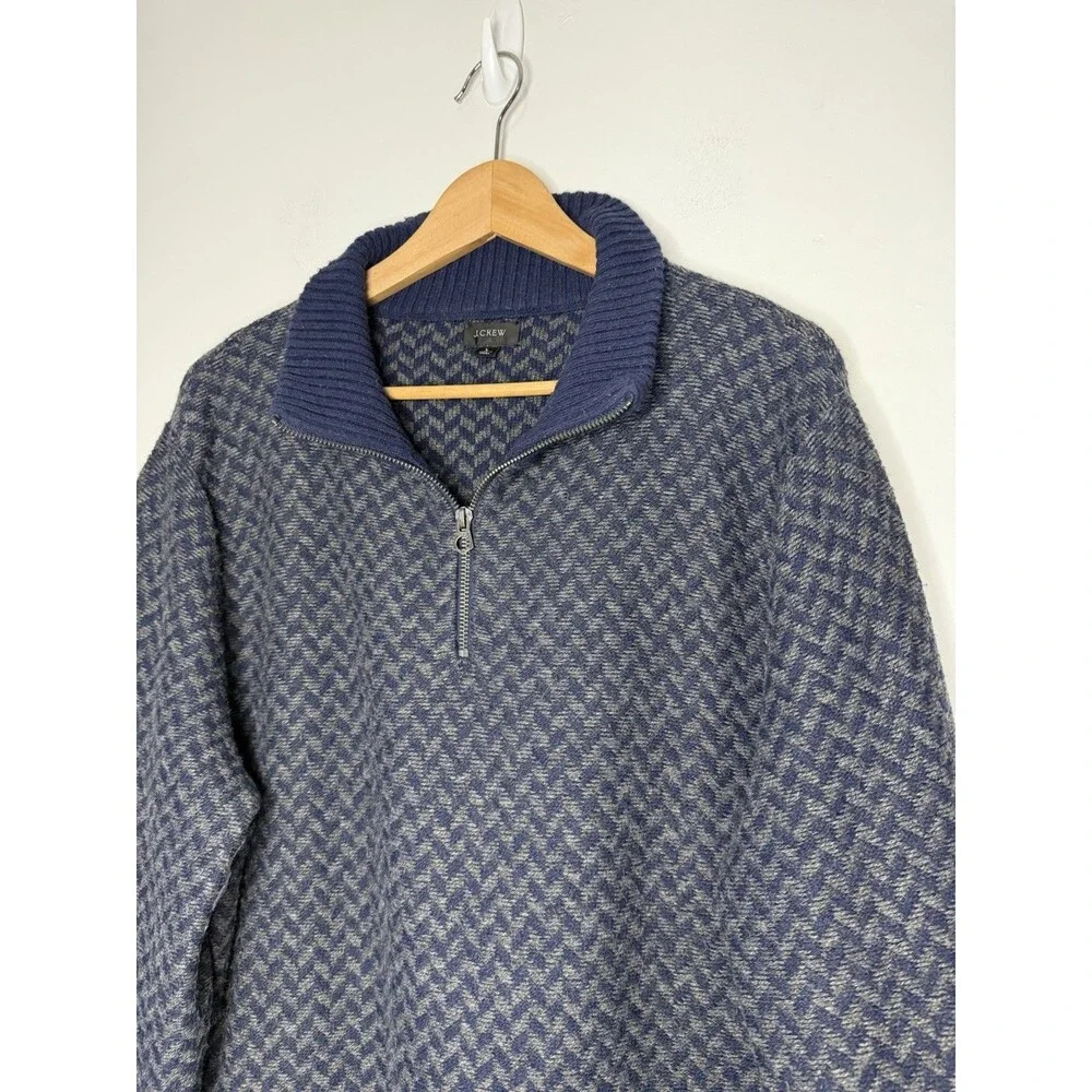 J. Crew Blue Herringbone Knit Merino Wool Blend 1/4 Pullover Sweater Large